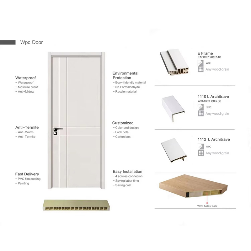 Puerta de WPC, impermeable, insonorizada, para dormitorio, habitación Interior, PVC, madera, plástico, Interior compuesto con marco con cerraduras y manijas